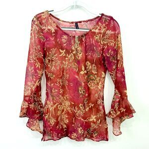 Y2K Star City Rust Red Floral Semi Sheer Ruffle Cuff Retro 2000's Peasant Top